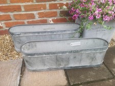 Pair Of Ribbed Trough Vintage Grey Zinc Galvanised Metal Garden Planter Flower