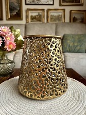 Large Gold Tone Reticulated Ornate Hurricane Lantern Wide Lip Moroccan Style