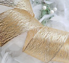1m x 63mm Luxury Wired Christmas Ribbon  Champagne Gold Decomesh Pale Gold Web