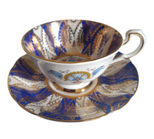 Vintage Cobalt Blue White Pink Gold Paragon Fine China Geometric Cup & Saucer