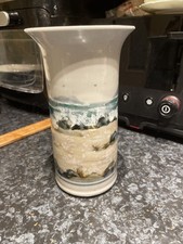 Highland Stoneware Pottery Vase Handpainted, Seascape Island, 7.25” Height