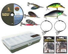 PIKE FISHING SPINNING TACKLE BOX SET TRACES SPINNERS PLUGS SWIVELS LINE LURES