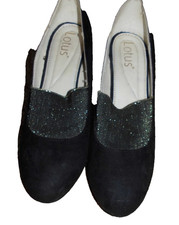 vintage Lotus black suede lurex slip on court shoes 6
