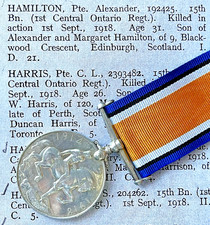 1st W.W. MEDAL PTE.A.HAMILTON 15/CANADIAN INFY.(ONTARIO REGT.) K-I-A 1st SEPT.18