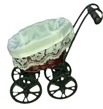 Vintage Wicker & Metal Doll’s House Pram - White Interior - Moving Wheels