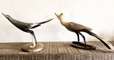 Vintage Hand Carved Water Buffalo Horn Crane Heron Bird on Wood (2 No.)