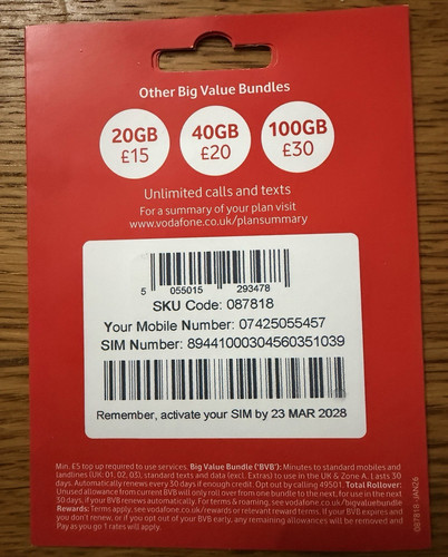 Vodafone payg sim 20gb - payg, data