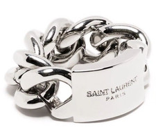 NIB Saint Laurent YSL Logo ID Plaque Chain Link Silver Tone Brass Ring Sz 5 $495