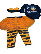 Baby Girls My 1st Halloween 3 Piece Outfit Bodysuit head band Tutu Leggins new
