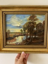 Original Oil Painting LandscapeSunsets on  River, Horses, Signed B75 