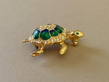 ATTWOOD & SAWYER Turtle Brooch - 22ct Gold Plate, Swarovski Crystal & Enamel 