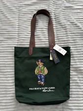 NWT Polo Ralph Lauren Green Cotton Twill Embroidered COLLEGE BEAR LOGO Tote Bag