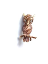 Vintage Retro Brown Enamel Rhinestone Eyes Owl Brooch