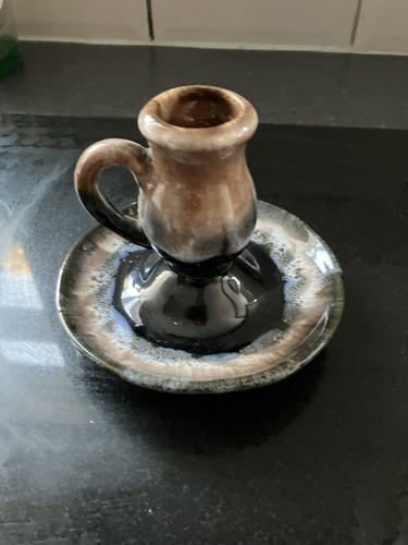Chamberstick blue brown glaze - chamberstick,