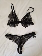 BNWOT Ann Summers Black Lace Aveline Peep Bra & Split Crotch Thong Set Medium 