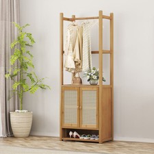 Bamboo Coat Rack Stand Hall Tree with Shelves & Hangers Entryway Hallway Bedroom