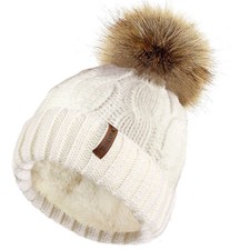 SOFT CABLE KNIT HAT FLEECE LINED CHUNKY BEANIE BOBBLE HAT DETACHABLE POM POM