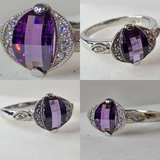 Vintage Style Amethyst & CZ Accent Ring – Faceted Cut Art Deco Silver - Plated