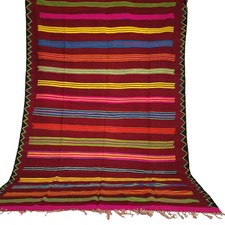 Vintage Handmade Moroccan Rug Pink Blue Red Green Gold Stripe Berber Tribal Wool