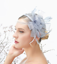 Silver Gray Feather Mesh Wedding Fascinator Headband Woman Headpiece Derby Day
