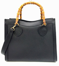 Auth Gucci Black Leather 002.1186.0260 Bamboo 2 Way Hand bag W/Strap NS091598