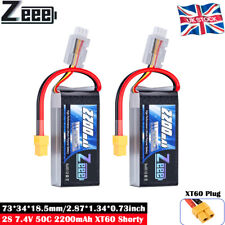 2x Zeee Short 7.4V 2S Lipo Battery XT60 2200mAh 50C soft for Car Boat Airplane