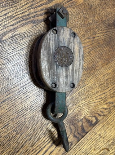 Vintage wood metal pulley - vintage, &
