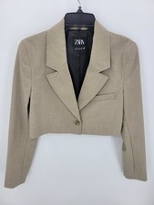 Zara Blazer Womens Small Tan Cropped Single Button Academia Minimalist Careeer