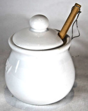 Charming Small White Ceramic Honey Pot with Traditional Wooden Honey Dipper