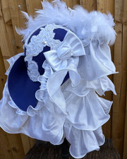 Stunning Fancy Blue White Wool Tricorn Pirate Hat Renaissance Bows 57cm (26)
