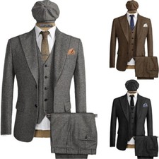 Mens Single Breasted Suit Jacket Herringbone Tweed Blend Classic Formal Fashion