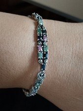 Vintage Natural Ruby, Emerald ,  Sapphire & Marcasite Sterling Silver Bracelet