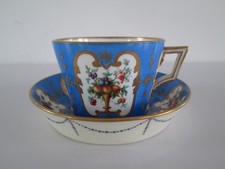 ANTIQUE MINTONS CABINET CUP & SAUCER HANDPAINTED VASE OF FRUIT BLUE & GOLD