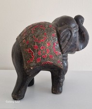 VINTAGE HAND CARVED  WOODEN ELEPHANT FIGURINE WITH BRASS &RED ENAMEL INLAY 2 kg 