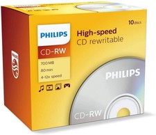 10 Philips CDRW RE-WRITABLE CD's 10 Pack In Jewel Case Blank CD-RW Discs