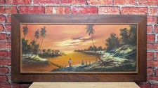 Vintage Tropical Sunset Oil Painting Signed Mid-Century Framed Landscape