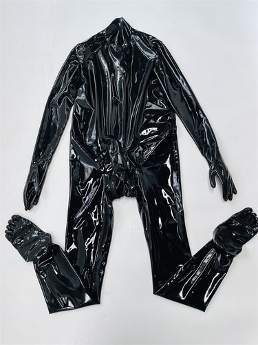 Neck entry black latex catsuit - neck,