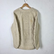 Vintage Fisherman Aran Knit Jumper Mens XL Beige Wool Chunky Crew Neck Sweater