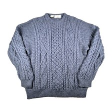 Vtg Blarney Woollen Mills Aran Jumper Men's L Blue Merino Wool Cable Knit Irish