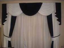 SWAGS AND TAILS+ CURTAINS  WHITE/BLACK +         TIE BACKS  90X65X90 UNLINED