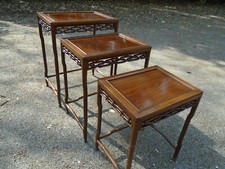 Chinese nest of 3 hardwood tables with decorative panels great practical set