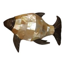 Fish Sculpture Abalone Inlay Brass Metal Statue Figure Beach House Ocean 10.5"