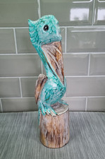 Balinese Hand Carved Wooden Pelican Sculpture Turquoise Bird Figure 40cm VGC