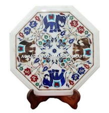 Marble Side Coffee Table Top Lapis Elephant Mosaic Inlaid Occasional Gifts H1691