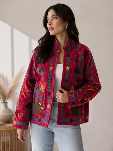 Pink velvet suzani embroidered - suzani,