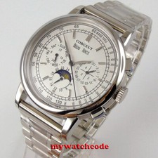 42mm Corgeut white dial date day steel strap multifunction automatic mens Watch