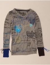 DESIGUAL Womens Graphic Top Long Sleeve UK 6 XS Grey Cotton IN09