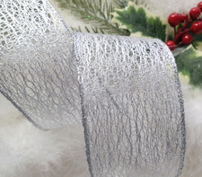 1m x 63mm Wired Christmas Ribbon Soft Sheen Silver Web Mesh    TREE GIFT FLORIST