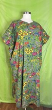 J Peterman Size L/XL Floral Kaftan Dress Green Yellow Orange Mumu 100% Cotton