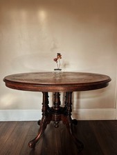 Antique Victorian Mahogany Tilt Top Oval Carved small Dining Table bird motif